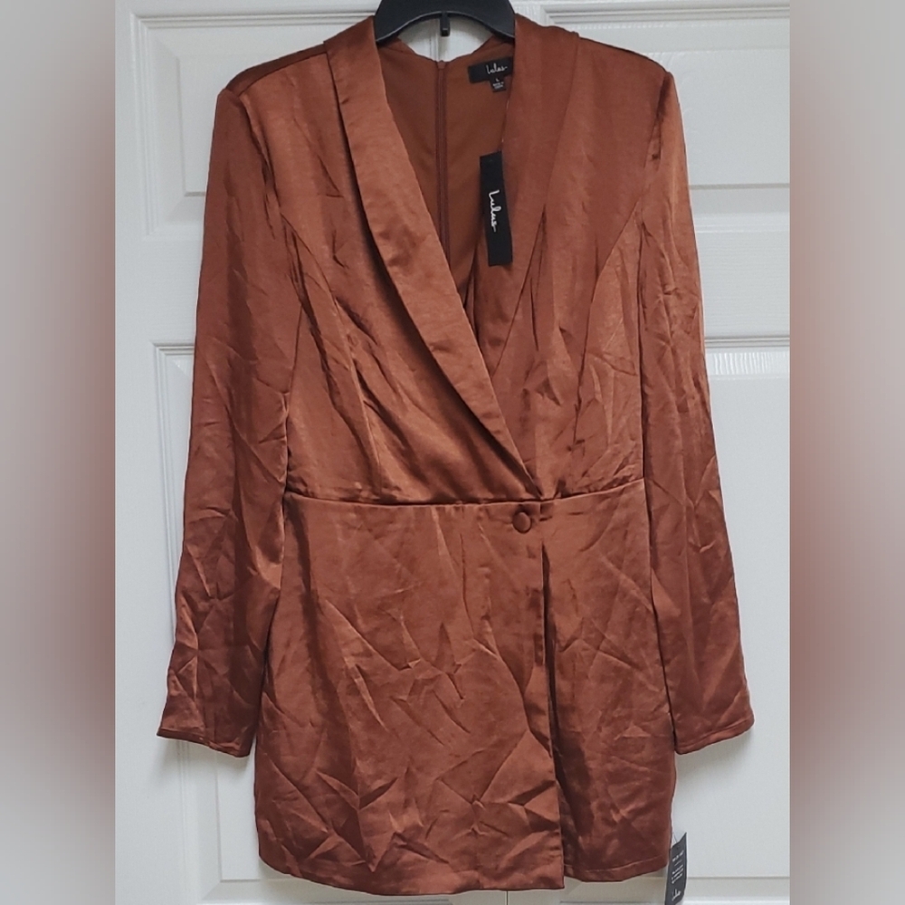 Lulus Satin Skort Romper/Bronze - Picture 4 of 16